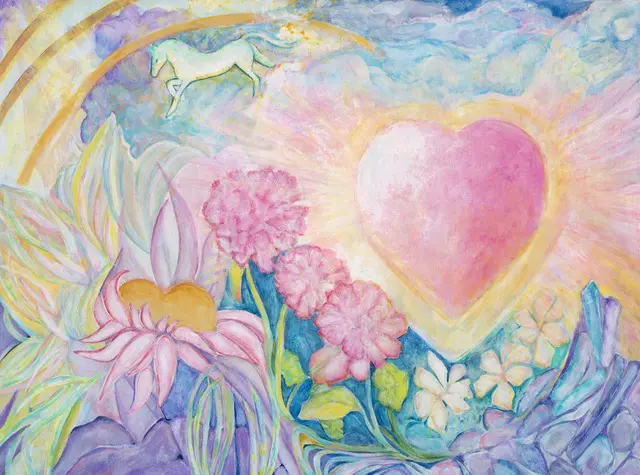 A painting of flowers and a heart in the middle.