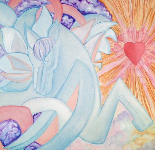 A painting of a heart and hands with a pink flower.