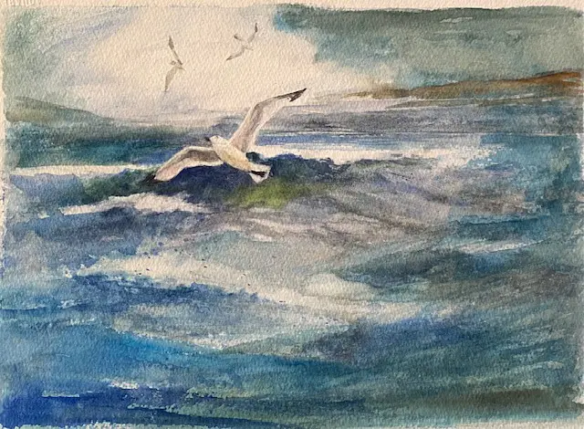 A painting of a seagull flying over the ocean.
