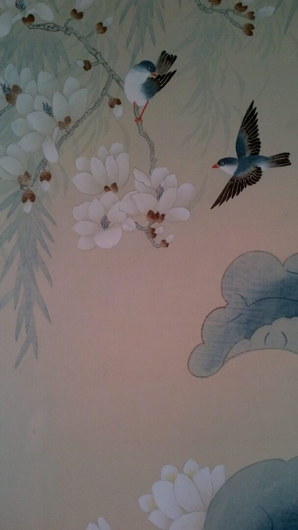 A painting of birds flying over flowers and trees.