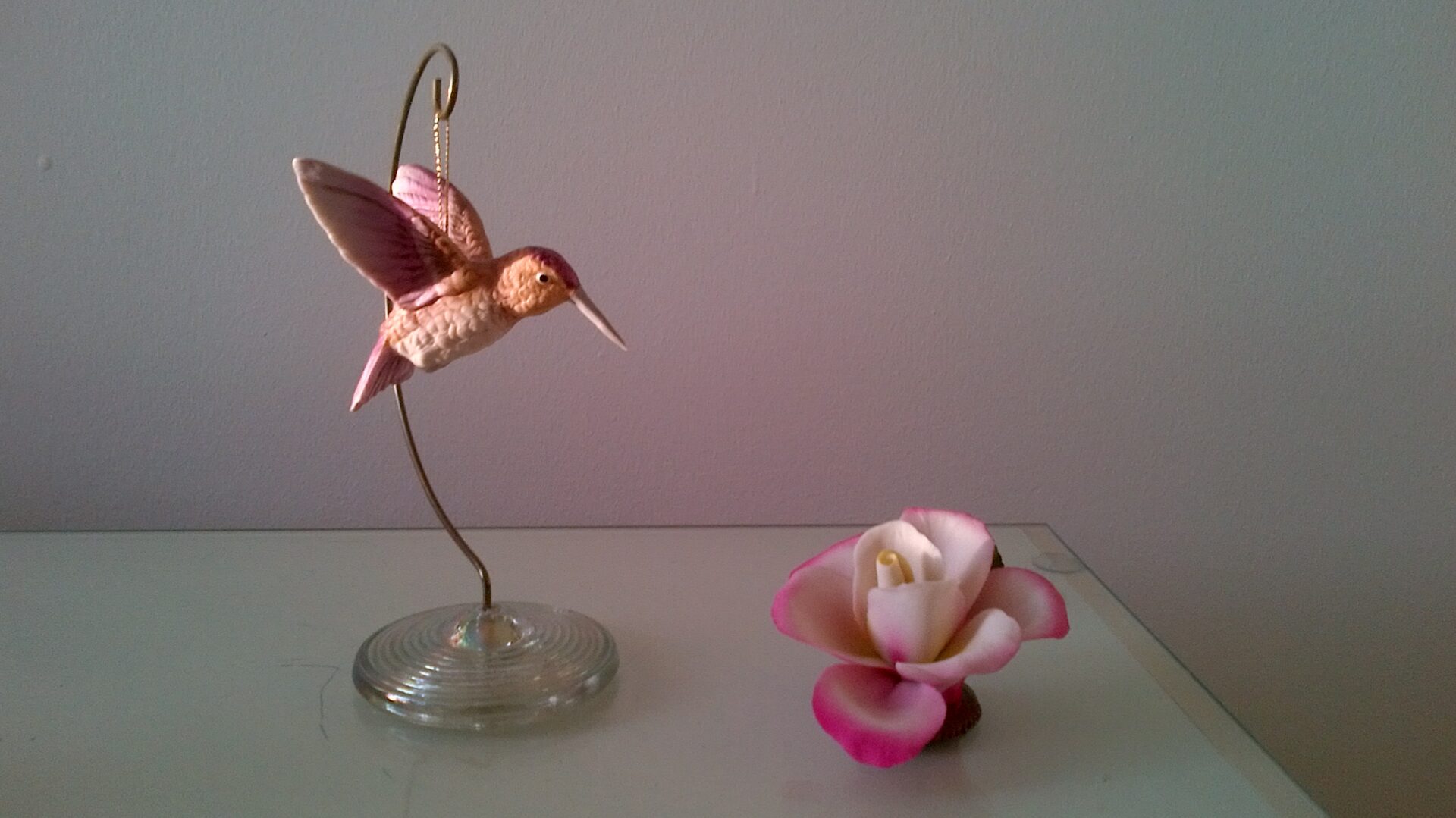 A pink flower and a hummingbird on a table.
