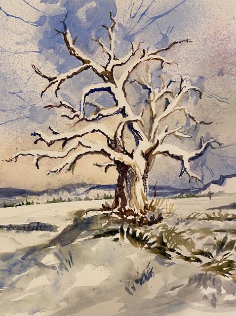 A painting of a tree in the snow