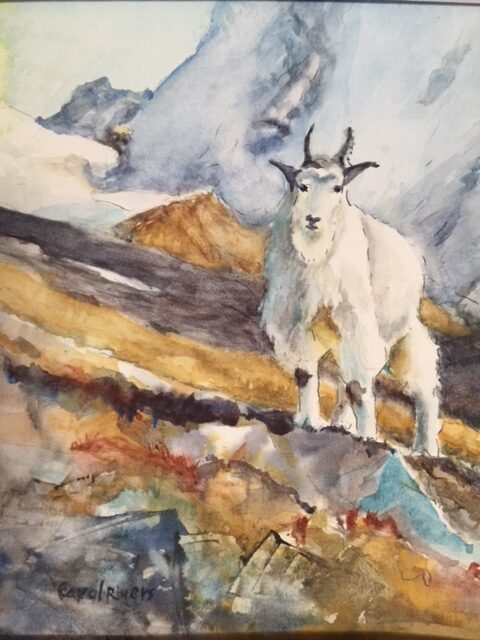 A painting of a goat standing on top of a hill.